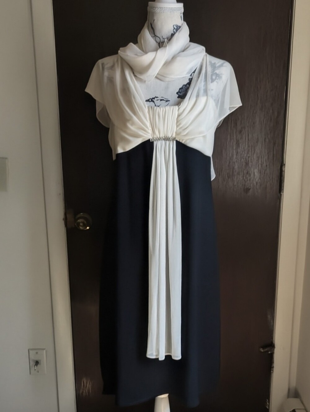 Black & Cream Midi Dress with Draped Sheer Overlay